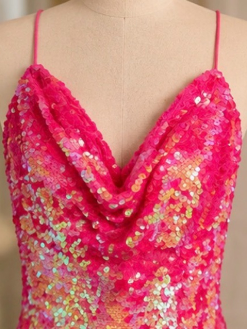 Hot Pink Sequin Cowl Neck Prom Dress